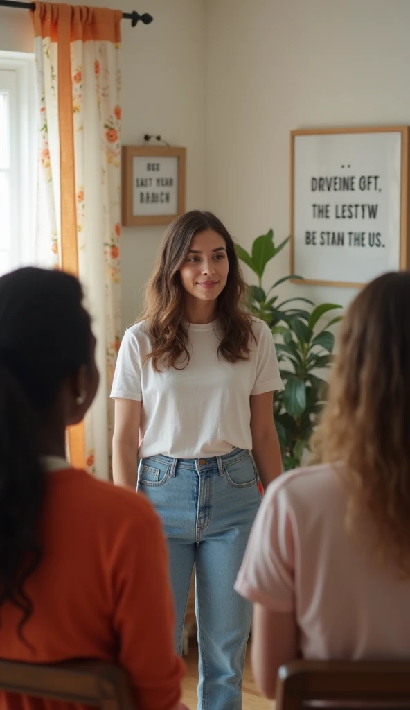  In a bright and cozy room , with media equipment ,  frames with Christian messages with orange details on the decoration .  A 20-year-old woman teaches 2 20-year-old women and a 20-year-old black man about Jesus.