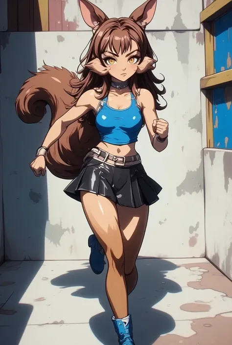 Woman with squirrel face, girls body But with squirrel fur, slim, small tits, modest ass, brown eyes, Black hair with long, straight brown strands, dressed in sleeveless blue blouse showing her tits, Black chill skirt, blue boots, Full body, run and jump w...