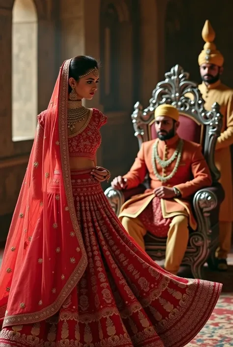 Give very clear hd images "Prompt: Anarkali, adorned with exquisite Mughal jewelry and an embroidered dupatta, is gracefully dancing in the royal court. Prince Salim, seated on a silver-carved chair, is captivated by her. Emperor Akbar is seen in the backg...