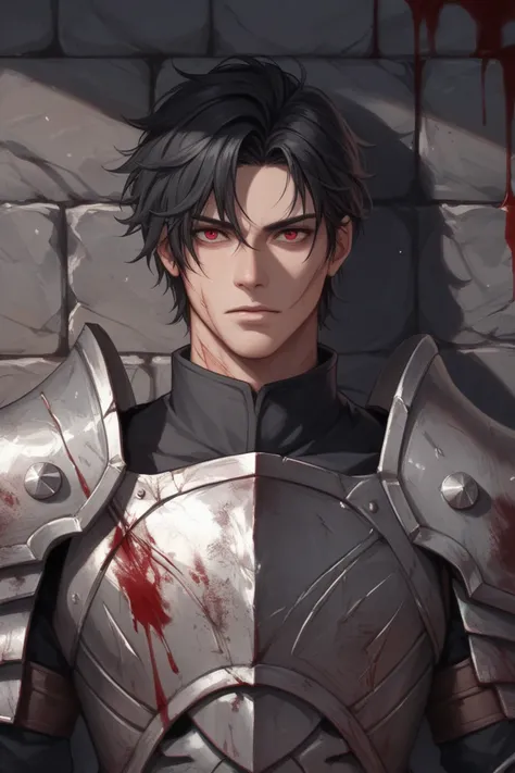 1 yong man, dead red eyes, cuts on body, long black hair, rusty dark steel armor stained with blood, dark atmosphere, stone wall background, dungeon rpg