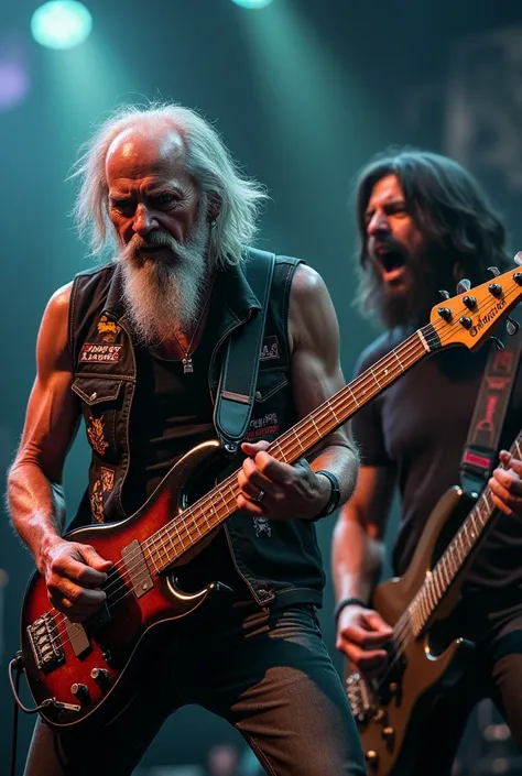 Please create an HD image based on the title "thrash metal grandpas on stage". The image should feature a bald singer-bassist, a short-haired guitarist, and a young, black-haired drummer in old age.