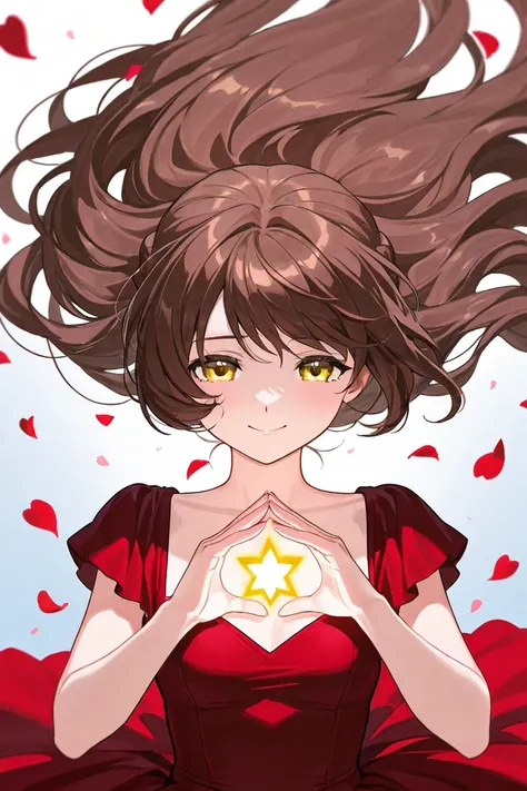 A woman that is a ballerina. She has long curly brown haired with shinny golden eyes, wearing a red dress. There is magic flowing and a lot of stars surrounding her. She is sad but smiling. There are rose petals falling all over her. 