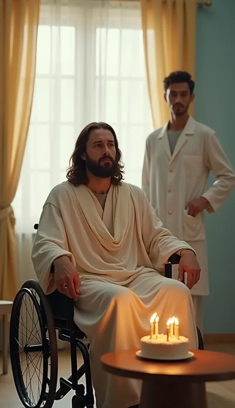 A depiction of Jesus Christ sitting in a modern wheelchair, radiating peace and compassion. He wears flowing robes in soft, neutral tones, enhancing his serene presence. In front of Him, on a small wooden table close to the ground, is a carefully decorated...