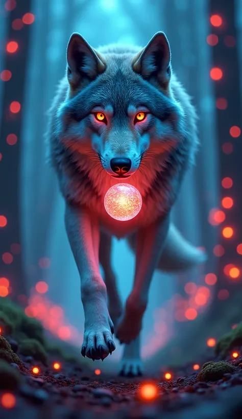 "A sleek wolf with a spherical, glowing core embedded in its chest. Its fur blends into a smooth, metallic surface at the edges, and its eyes reflect perfect spheres as it runs through a neon-lit forest."