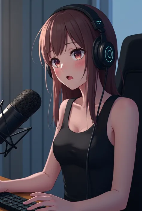 A dubbed girl wears a black dress and wears a headset with Mike in front of her 