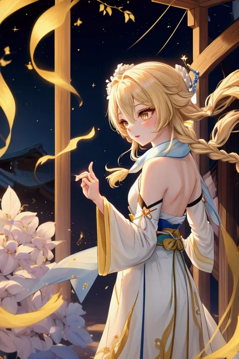  Lumine dancing gracefully with a flowing ribbon or scarf, surrounded by floating particles of light, symbolizing the start of a magical new year. Lumine, the female Traveler in Genshin Impact, has long, flowing golden-blonde hair styled in loose waves, wi...