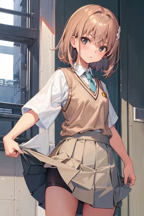 Misaka Mikoto、A Certain Scientific Railgun、girl、Small breasts、whole body、Contrasted、Short sleeve blouse、Beige knit vest、Dark grey plain pleated skirt、best quality,bike shorts,skirt lift,panty shot