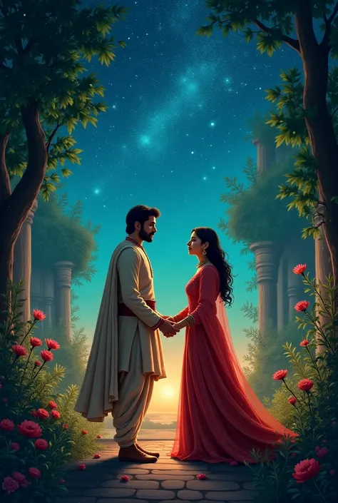 Prompt: A secret meeting between Prince Salim and Anarkali in a lush palace garden under the stars. They are holding hands with love in their eyes, but Emperor Akbar is seen in the shadows, watching them with anger and determination, symbolizing the brewin...