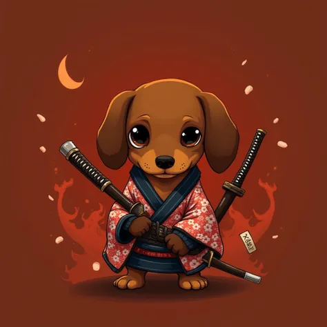 Dachshund Smooth Baird Brown Samurai、I have 3 Japanese swords、 1 has a Japanese sword in its right hand 、 1 has a Japanese sword in its left hand、 1 bit off the handle of a Japanese sword、The left eye is scratched 、A male brown miniature dachshund samurai ...