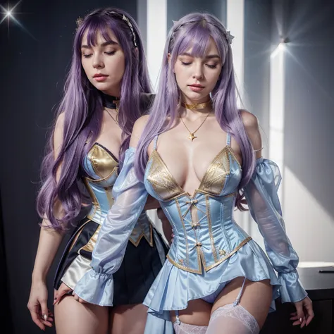 A pale skined woman with long light purple hair and light blue front bangs and golden stars in her hair. She has a golden star necklace and always wears white gloves. She wears a light blue corset with long white sleeves and a light purple mini-skirt. She ...