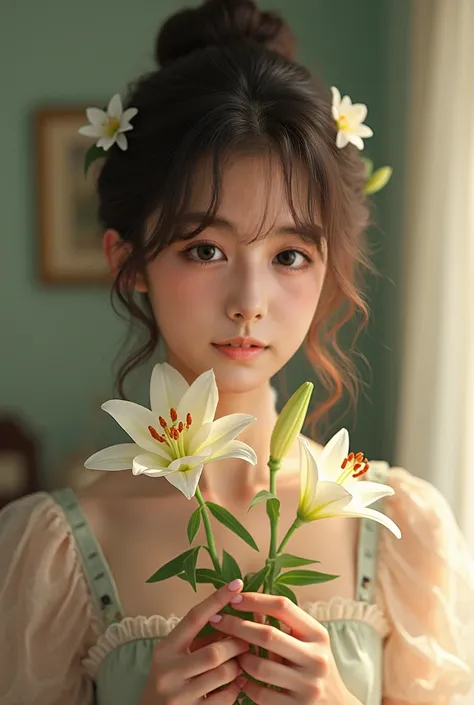 A pretty teen girl, lovely, realistic, cheerful, smile, pale white skin, silk smooth dark brown hair, wearing a lolita dress, sweet pastel colors, holding Lilly flowers, lilly on hair, high quality, ultra-detailed, masterpiece, cinematic lighting, vibrant ...