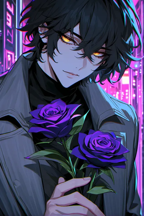 impasto, cool manga style, high quality, extremely detailed, extremely delicate line, amazing color, masterpiece, 1 man, young, host, black hair, half-lidded seductive eyes, handsome, perfect face, tall, wear black turtleneck shirt, wear grey coat, pale sk...