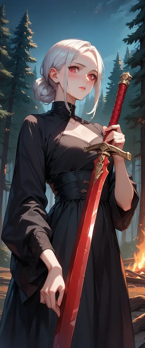 1 girl,  white skin , cabelos brancos,  red eyes, blush,  black clothes, Holding a red sword,  forest background at night , pine trees, bonfire light,