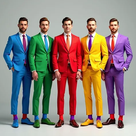  5 men in suits of different colors, the socks are matched to the color of the pants .