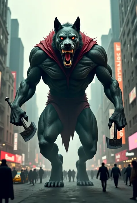 angry Monster dog head, giant dracula body, carrying axe and sword in both hand and opening mouth, walking in busy city