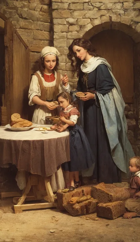 Simple medieval family eating bread at a rustic table.
