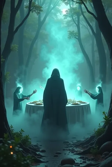 "A dramatic 3D render of Harvin approaching the enchanted table, surrounded by glowing mist. The forest is alive with eerie shapes, and ghostly hands appear from the air, setting plates of food on the table."