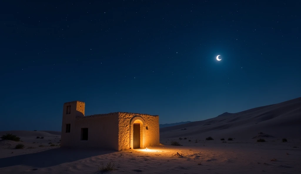 This scene captures the tranquility of the night, with the stars shining brightly above and the gentle glow of the lights creating a warm and inviting atmosphere. The house is modest and rustic, made of mud bricks and with a flat roof, reflecting the simpl...