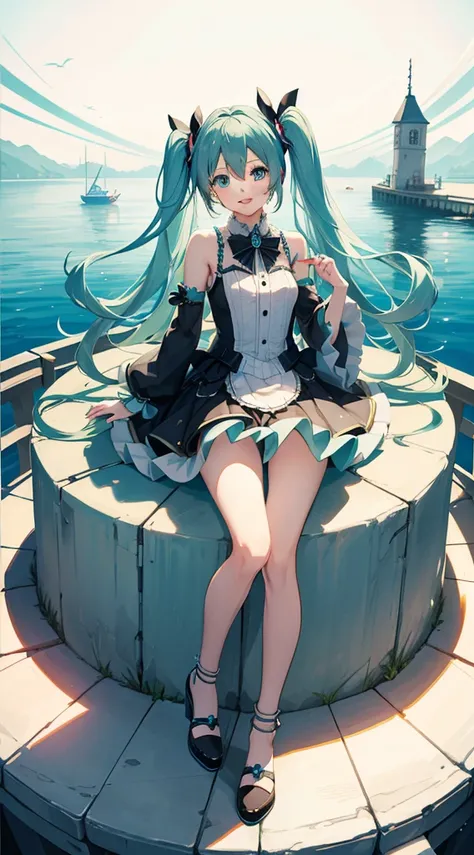 Hatsune Miku is standing on stage and singing， laughs， Three-dimensional Beautiful Face ，A sophisticated eye， kind and shy face ，Extraordinarily beautiful girl ，Advanced Sense、