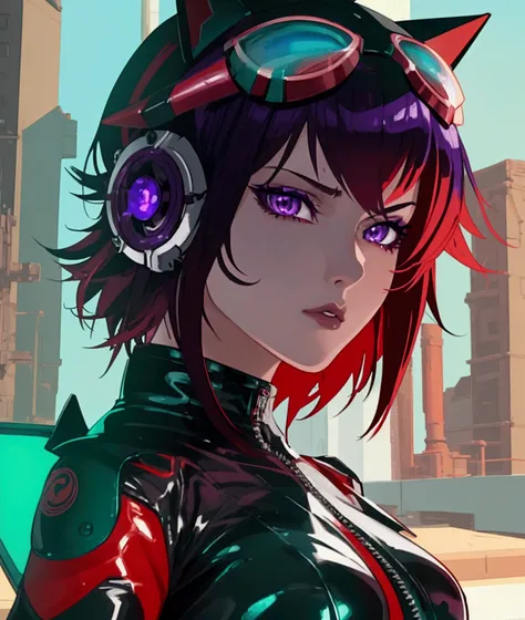 1girl, beautiful anime fighter girl, red and black leather catsuit, dark green shoulder pads, cool ace pilot with mesmerizing detailed purple eyes, detailed purple hair, highly detailed, 8k, physically-based rendering, extreme detail description, professio...