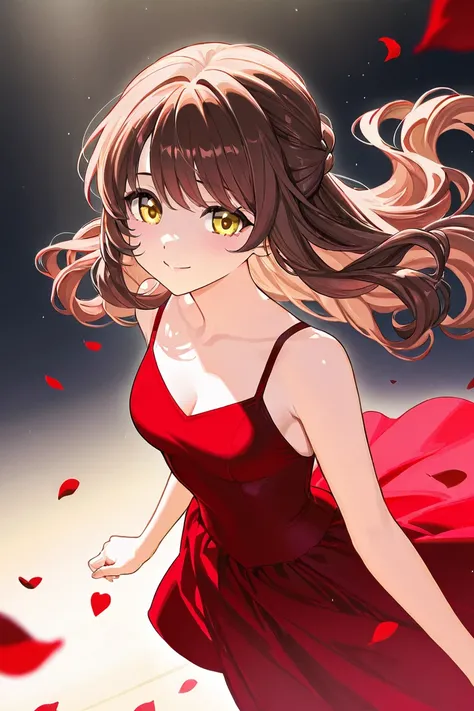 A woman that is a ballerina. She has long curly brown haired with shinny golden eyes, wearing a red dress. There is magic flowing and a lot of stars surrounding her. She is sad but smiling after realizing shes in love with a boy. There are rose petals fall...