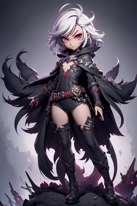 girl character style game castlenia,  thigh-high boot,  rayman legends style art with dark theme, small chest and long legs , mysterious ar, waist-length cover , dark and red detail, Around ghosts and dark creatures, Cover covers the head and shows little ...