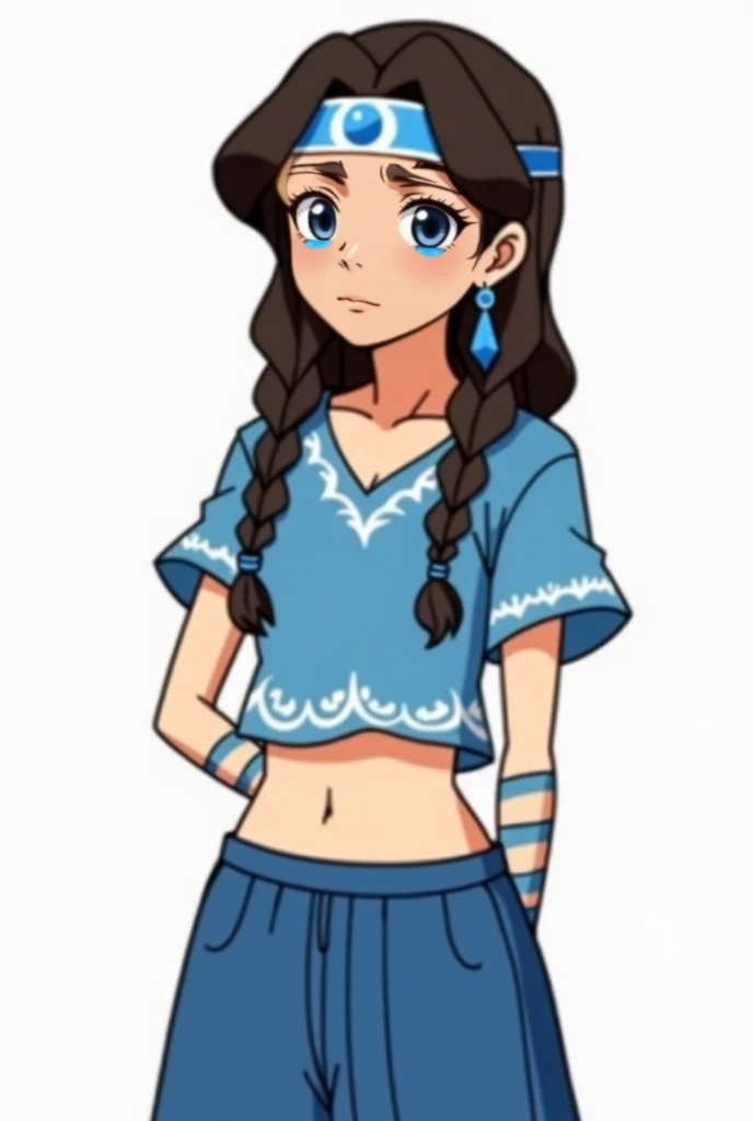 a white girl,  Teenager ,  with long dark brown hair , blue eyes and braids , a blue t-shirt with white details that reaches above the navel with loose sleeves, She has bandages on her hands and arms ,  she has a blue skirt that also reaches below her nave...