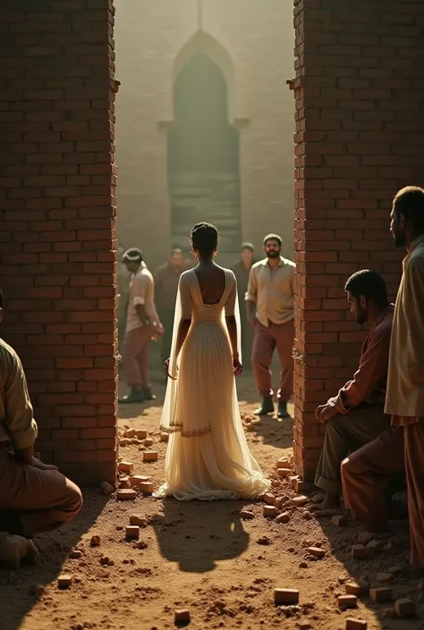 Prompt: A haunting scene showing Anarkali dressed in white, standing inside a partially built brick wall. Laborers are seen laying bricks, while Prince Salim is restrained by soldiers in the distance, desperately reaching out for her. Emperor Akbar watches...