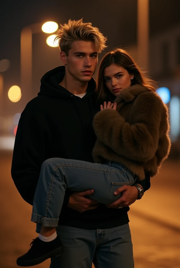 capture a handsome male, twenty, walking down dark street with a street light on behind him. He has dark brown, expressive eyes, chiselled features, messy light blonde hair with a side part, full lips, clean shaven. He wears a small diamond earring in his ...