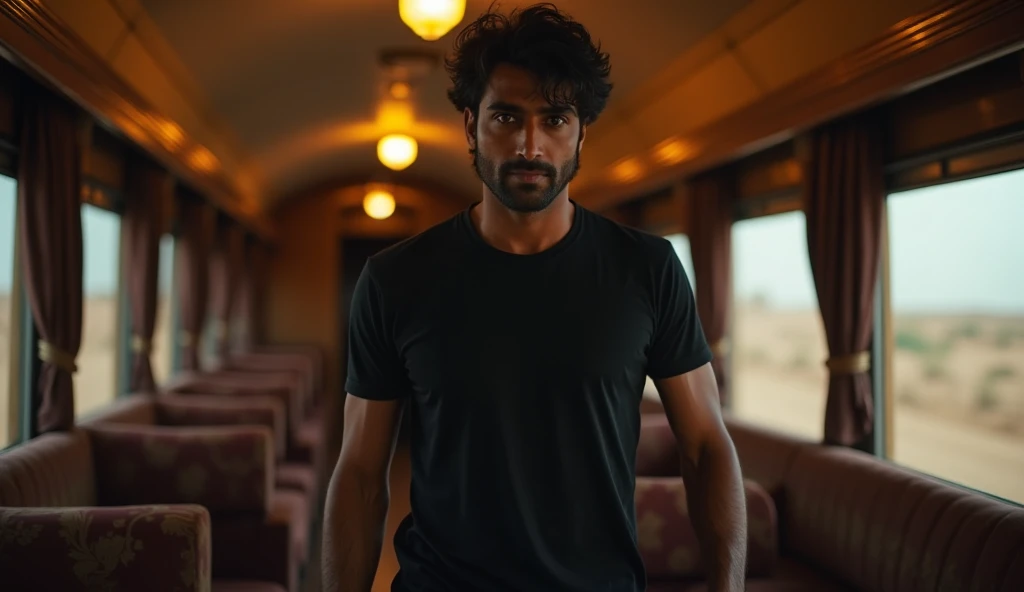 A indian handsome man waring black t shirt walking inside train in rajasthan in night time in 1980