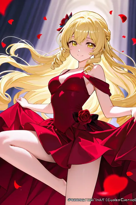 A woman that is a ballerina. She has long curly blonde haired with shinny golden eyes, wearing a red dress. There is magic flowing and a lot of stars surrounding her. She is sad but smiling after realizing shes in love with a boy. There are rose petals fal...