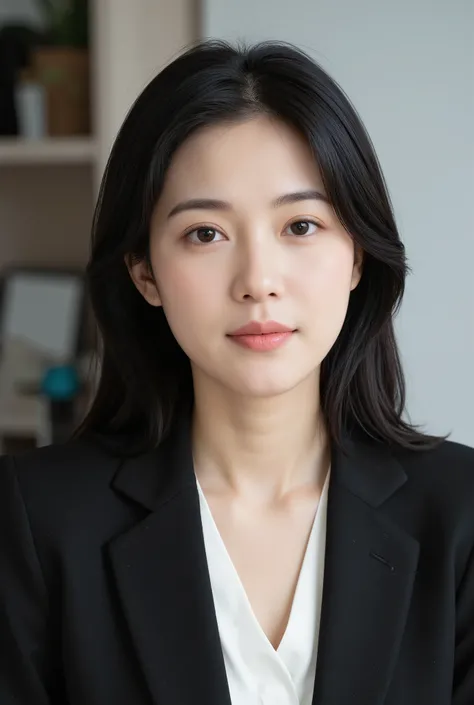 Chinese woman in her mid-30s, sleek black hair, minimalist style, subtle makeup, modern office background