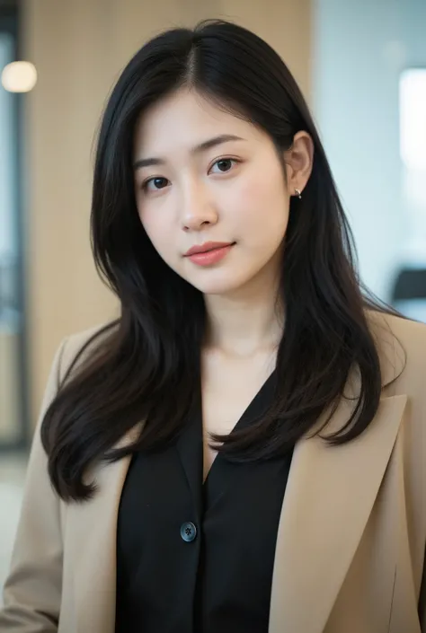 Chinese woman in her mid-30s, sleek black hair, minimalist style, subtle makeup, modern office background