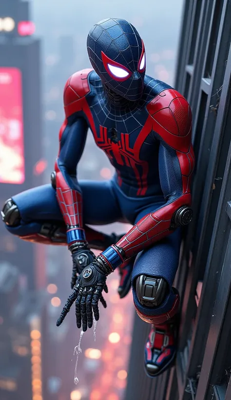 "A futuristic hybrid of Spider-Man and a Transformer, featuring a sleek mechanical body with vibrant red and blue metallic armor, intricate web patterns integrated into the design, glowing mechanical eyes, and a robotic exoskeleton. The character is perche...