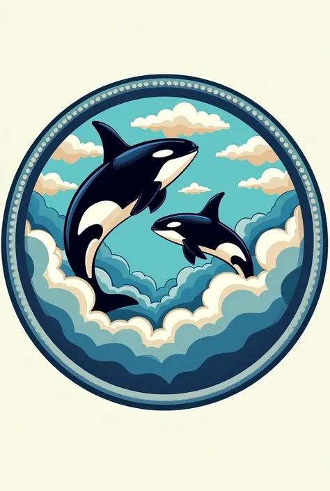 Create a retro-inspired logo in the shape of a round shield, similar to the Inter Miami football team logo. The central circle should feature two orcas in playful, energetic poses, leaping or swimming through clouds, creating a dynamic scene that evokes bo...