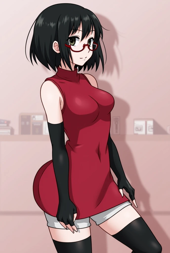 BBC_Chan style , Sarada Uchiha, Alone, 1 girl, black hair, short hair, glasses con marco rojo, glasses, black eyes,red dress, sleeveless, elbow gloves , black gloves , fingerless gloves , white shorts , black thigh-high stockings , thigh cover , big round ...