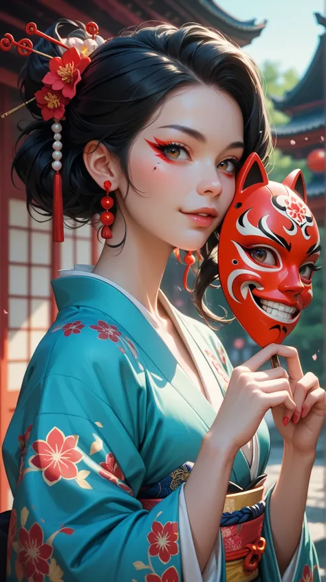 A young lady, half hideous face, holding a beautiful face as a mask, vibrant black hair, wearing a japanese kimono.