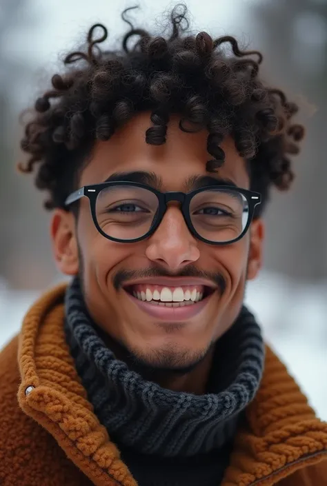 I want a young man of average body mass, mixed race and not black, with small eyes who wears glasses, a small nose and a big smile where you can see his teeth., small ears must have curly hair and be dressed in a warmer