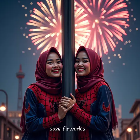 Photo of two beautiful women in Indonesian hijab aged 25, wearing a Spiderman hero shirt It says , on the streets of the city ,  they are hugging a tall electric pole ,,Smiling face,  in the sky there are fireworks , realistic , underneath there are two be...