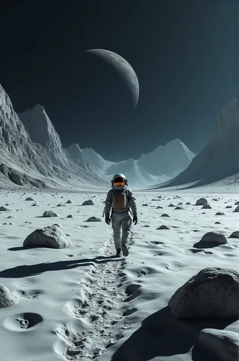 Environment of moon and a navigator is walking on the moon