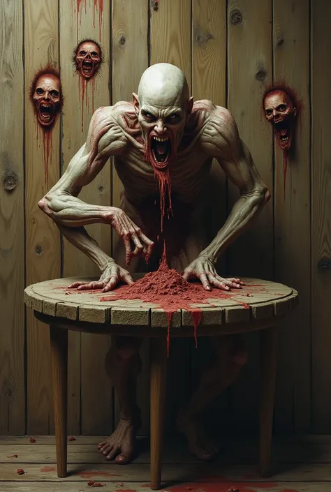 "Harvin’s body contorts grotesquely, his limbs merging with the table. His mouth remains open, eternally consuming cursed food. Other distorted faces appear in the wood, hinting at previous victims."