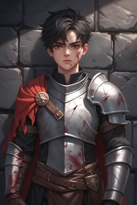 1 young man, dead red eyes, cuts on face and armor, long black hair, rusty dark steel armor stained with blood, dark atmosphere, stone wall background, dungeon rpg