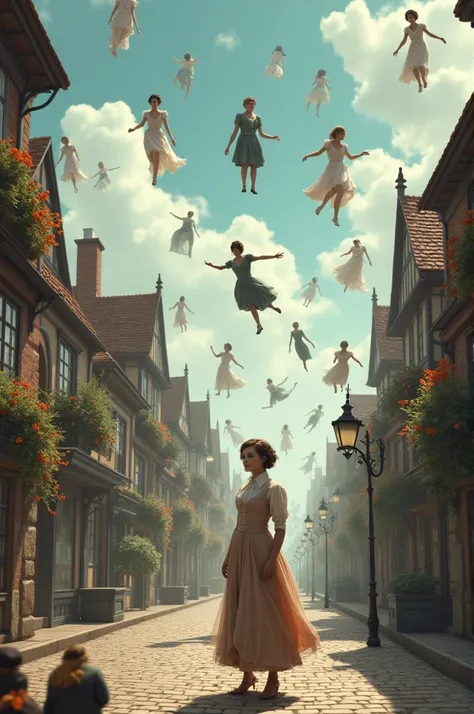 A picture of a Victorian village with people flying but one woman walking on the ground 