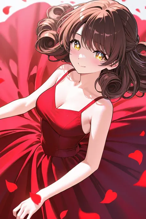 A woman that is a ballerina. She has long curly brown haired with shiny golden lovely eyes, wearing a red dress. There is magic flowing and a lot of stars surrounding her. She is sad but smiling after realizing shes in love with a boy. There are rose petal...