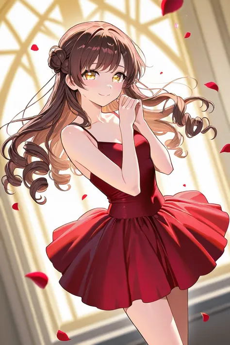 A woman that is a ballerina. She has long curly brown haired with shiny golden lovely eyes, wearing a red dress. There is magic flowing and a lot of stars surrounding her. She is sad but smiling after realizing shes in love with a boy. There are rose petal...