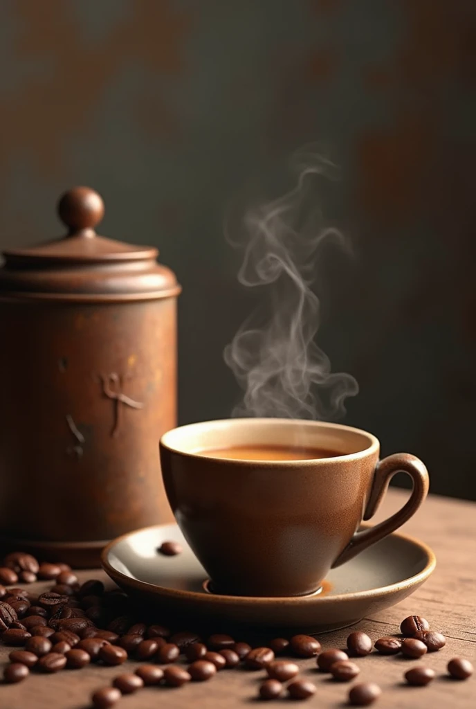 a cup of coffee stands next to a brown coffee can