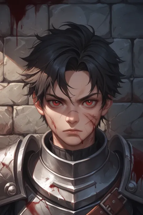 1 young man, dead red eyes, cuts on face and armor, long black hair, rusty dark steel armor stained with blood, dark atmosphere, stone wall background, dungeon rpg