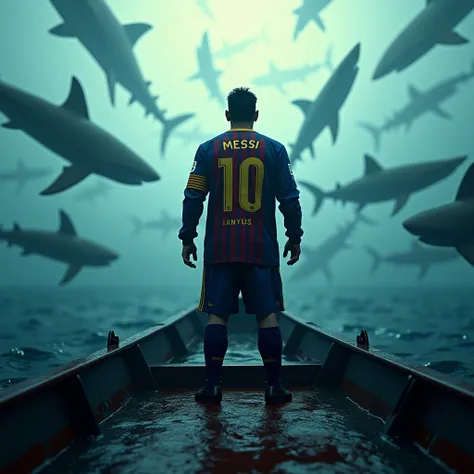 A picture of Messi wearing Barcelona clothes working in a fishing boat wearing a waterproof suit around them with sharks