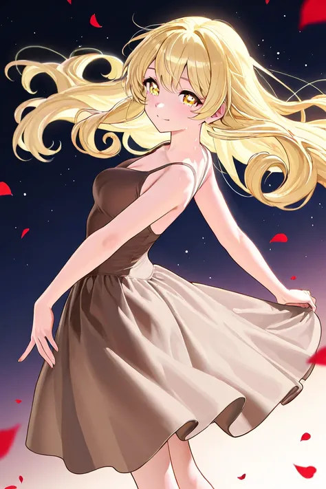 A woman that is a ballerina. She has long curly blonde haired with shiny golden lovely eyes, wearing a brown dress. There is magic flowing and a lot of stars surrounding her. She is sad but smiling after realizing shes in love with a boy. There are rose pe...