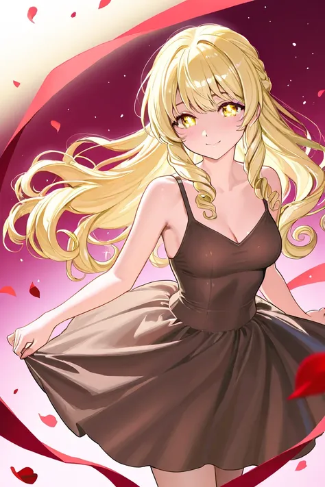 A woman that is a ballerina. She has long curly blonde haired with shiny golden lovely eyes, wearing a brown dress. There is magic flowing and a lot of stars surrounding her. She is sad but smiling after realizing shes in love with a boy. There are rose pe...